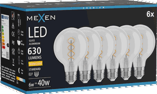 Mexen Vintis 6x żarówka filament spirala LED E27, G80, 6W, Ciepła - 2700K, 630 lm, clear - L165-E27-0627-00x06