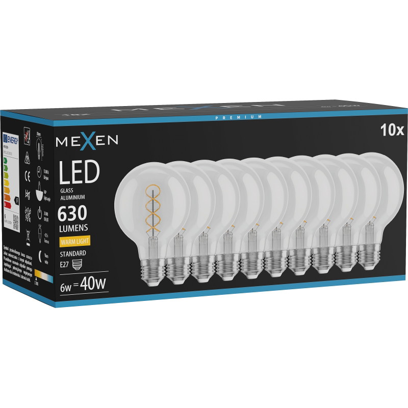 Mexen Vintis 10x żarówka filament spirala LED E27, G80, 6W, Ciepła - 2700K, 630 lm, clear - L165-E27-0627-00x10