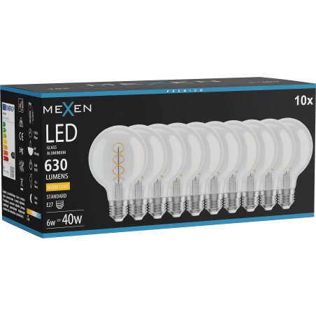 Mexen Vintis 10x żarówka filament spirala LED E27, G80, 6W, Ciepła - 2700K, 630 lm, clear - L165-E27-0627-00x10