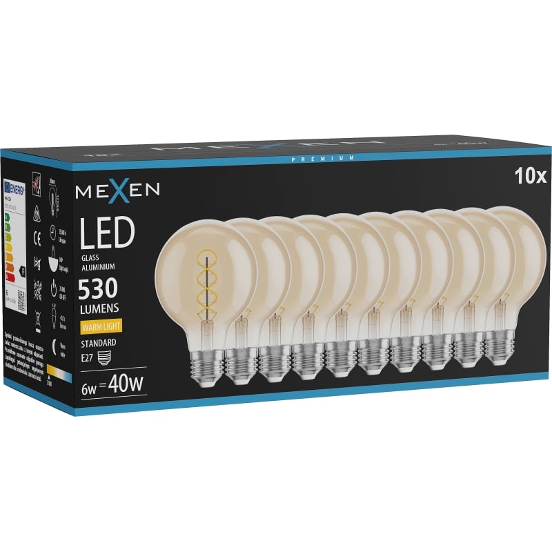 Mexen Vintis 10x żarówka filament spirala LED E27, G80, 6W, Ciepła - 2700K, 530 lm, amber - L165-E27-0627-50x10