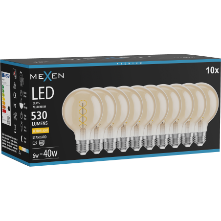 Mexen Vintis 10x żarówka filament spirala LED E27, G80, 6W, Ciepła - 2700K, 530 lm, amber - L165-E27-0627-50x10