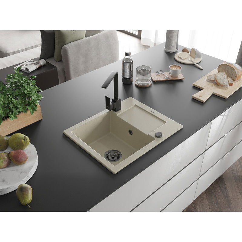 Mexen Enzo zlewozmywak granitowy 1-komorowy z ociekaczem i baterią kuchenną Rita, beżowy - 6506-69-670300-70