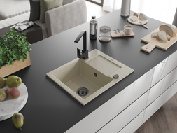 Mexen Enzo zlewozmywak granitowy 1-komorowy z ociekaczem i baterią kuchenną Rita, beżowy - 6506-69-670300-70