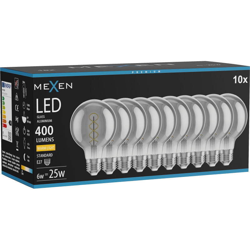 Mexen Vintis 10x żarówka filament spirala LED E27, G80, 6W, Ciepła - 2700K, 400 lm, smoke - L165-E27-0627-70x10