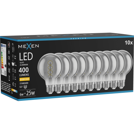 Mexen Vintis 10x żarówka filament spirala LED E27, G80, 6W, Ciepła - 2700K, 400 lm, smoke - L165-E27-0627-70x10