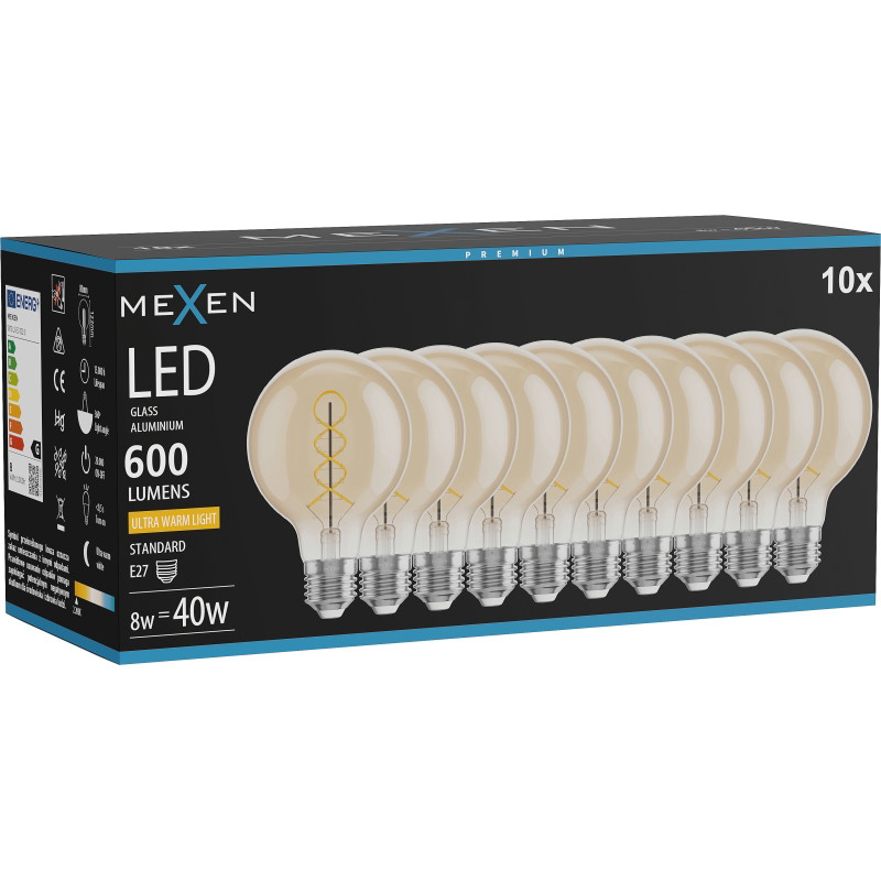 Mexen Vintis 10x żarówka filament spirala LED E27, G80, 8W, Ciepła - 2200K, 600 lm, amber - L165-E27-0822-50x10
