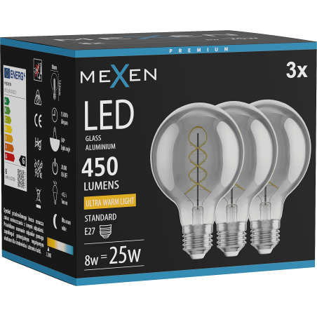 Mexen Vintis 3x żarówka filament spirala LED E27, G80, 8W, Ciepła - 2200K, 450 lm, smoke - L165-E27-0822-70x03