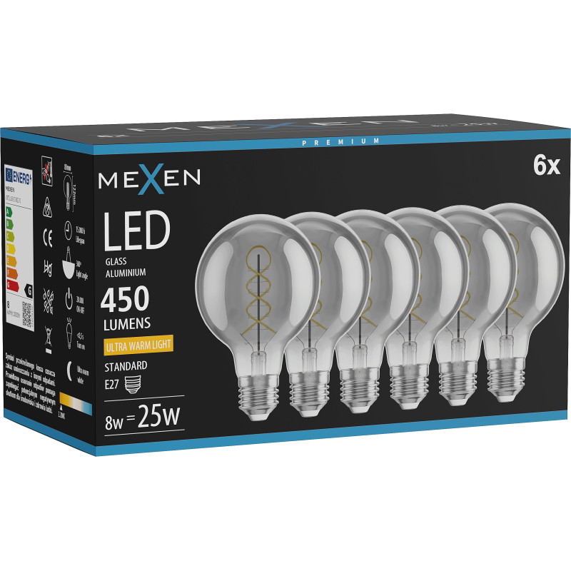 Mexen Vintis 6x żarówka filament spirala LED E27, G80, 8W, Ciepła - 2200K, 450 lm, smoke - L165-E27-0822-70x06