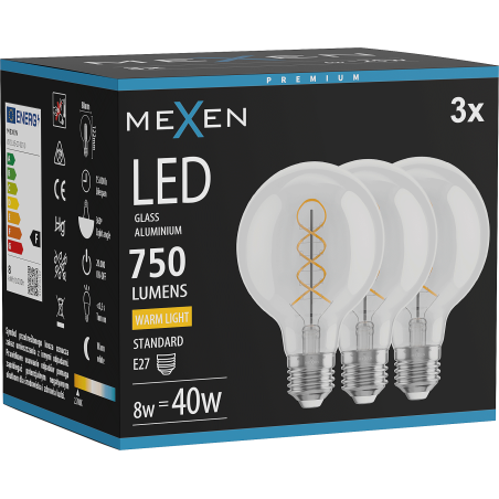 Mexen Vintis 3x żarówka filament spirala LED E27, G80, 8W, Ciepła - 2700K, 750 lm, clear - L165-E27-0827-00x03