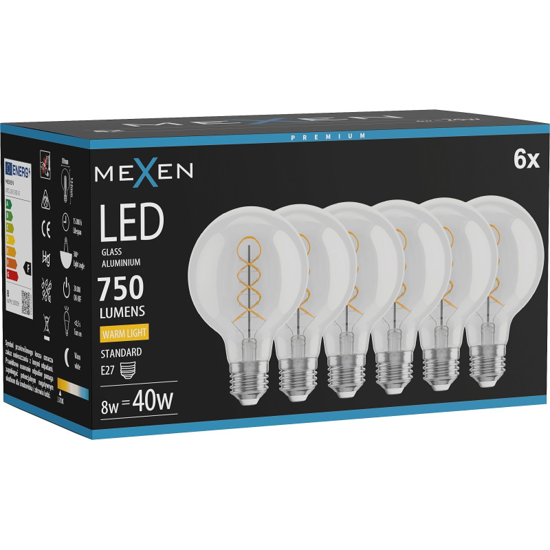 Mexen Vintis 6x żarówka filament spirala LED E27, G80, 8W, Ciepła - 2700K, 750 lm, clear - L165-E27-0827-00x06