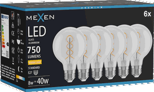 Mexen Vintis 6x żarówka filament spirala LED E27, G80, 8W, Ciepła - 2700K, 750 lm, clear - L165-E27-0827-00x06