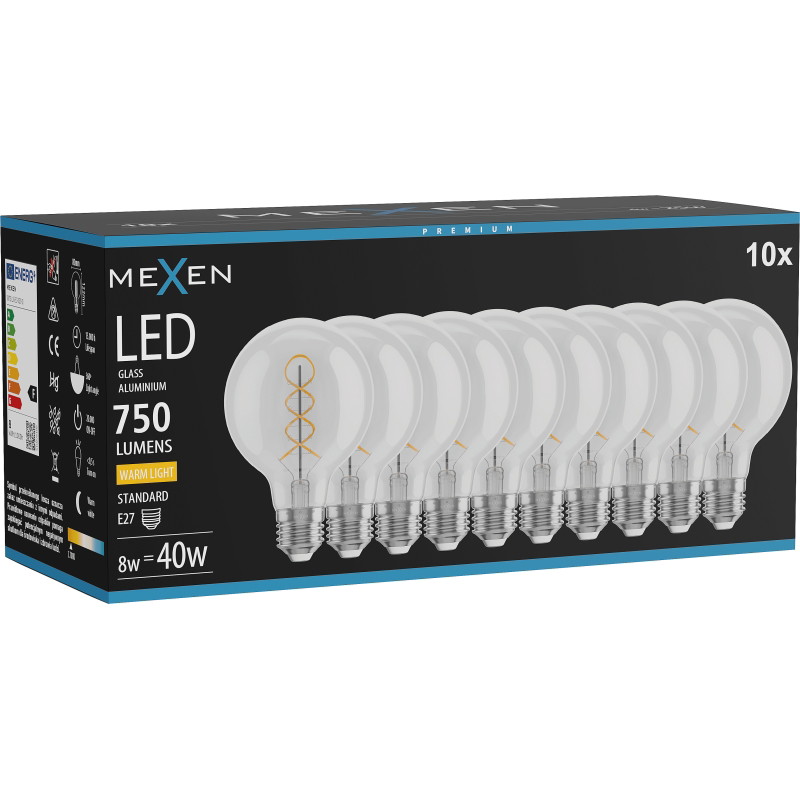 Mexen Vintis 10x żarówka filament spirala LED E27, G80, 8W, Ciepła - 2700K, 750 lm, clear - L165-E27-0827-00x10