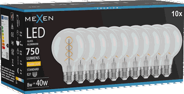 Mexen Vintis 10x żarówka filament spirala LED E27, G80, 8W, Ciepła - 2700K, 750 lm, clear - L165-E27-0827-00x10