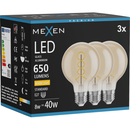 Mexen Vintis 3x żarówka filament spirala LED E27, G80, 8W, Ciepła - 2700K, 650 lm, amber - L165-E27-0827-50x03