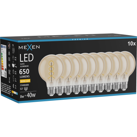 Mexen Vintis 10x żarówka filament spirala LED E27, G80, 8W, Ciepła - 2700K, 650 lm, amber - L165-E27-0827-50x10