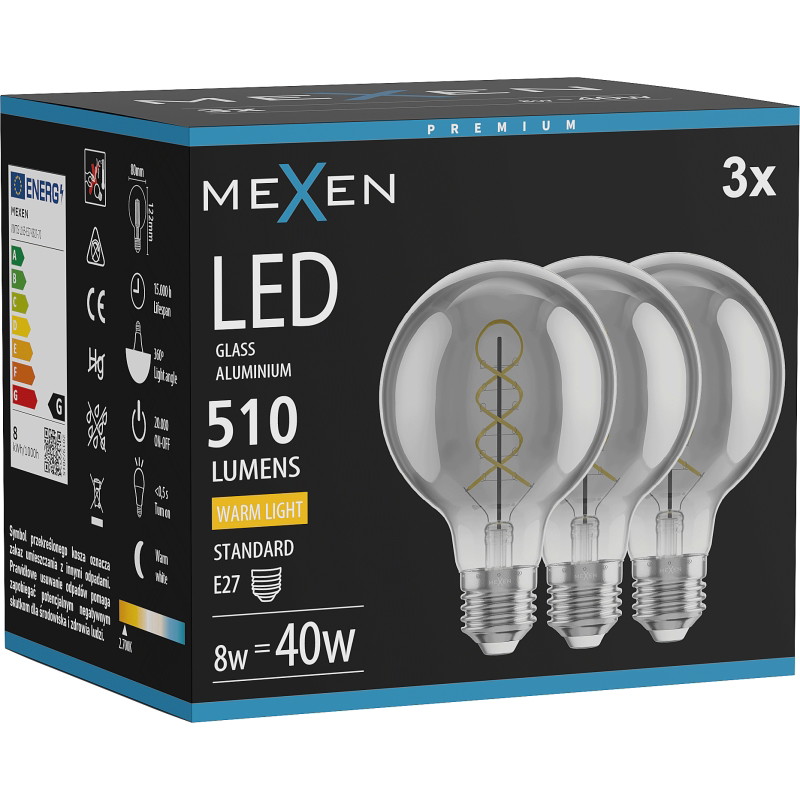 Mexen Vintis 3x żarówka filament spirala LED E27, G80, 8W, Ciepła - 2700K, 510 lm, smoke - L165-E27-0827-70x03