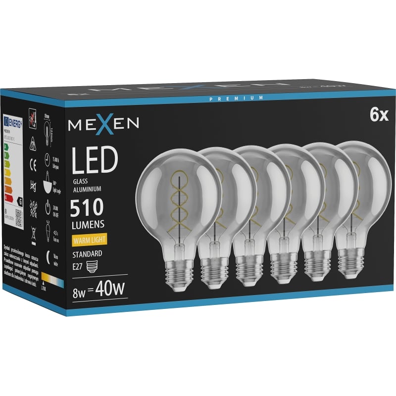Mexen Vintis 6x żarówka filament spirala LED E27, G80, 8W, Ciepła - 2700K, 510 lm, smoke - L165-E27-0827-70x06