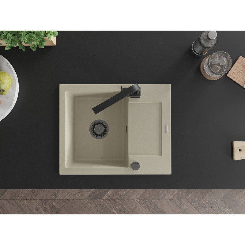 Mexen Enzo zlewozmywak granitowy 1-komorowy z ociekaczem i baterią kuchenną Rita, beżowy - 6506-69-670300-70
