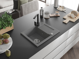 Mexen Enzo zlewozmywak granitowy 1-komorowy z ociekaczem i baterią kuchenną Rita, szary - 6506-71-670300-70