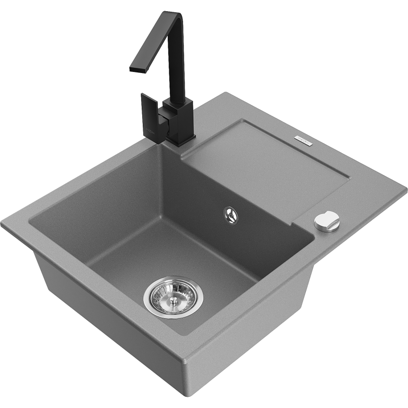 Mexen Enzo zlewozmywak granitowy 1-komorowy z ociekaczem i baterią kuchenną Rita, szary - 6506-71-670300-70