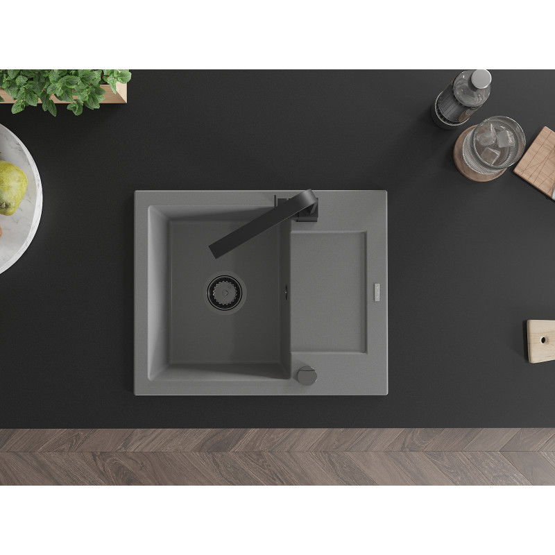 Mexen Enzo zlewozmywak granitowy 1-komorowy z ociekaczem i baterią kuchenną Rita, szary - 6506-71-670300-70-B