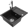 Mexen Enzo zlewozmywak granitowy 1-komorowy z ociekaczem i baterią kuchenną Rita, czarny/srebrny metalik - 6506-73-670300-00