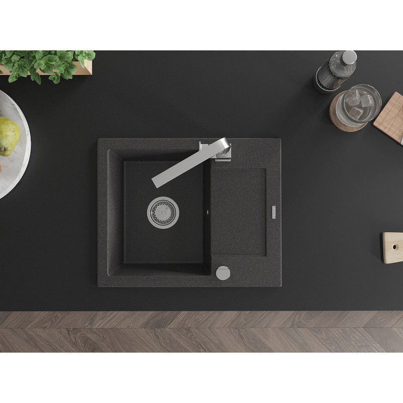 Mexen Enzo zlewozmywak granitowy 1-komorowy z ociekaczem i baterią kuchenną Rita, czarny nakrapiany - 6506-76-670300-00