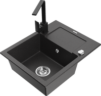 Mexen Enzo zlewozmywak granitowy 1-komorowy z ociekaczem i baterią kuchenną Rita, czarny nakrapiany - 6506-76-670300-70