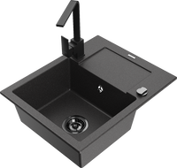 Mexen Enzo zlewozmywak granitowy 1-komorowy z ociekaczem i baterią kuchenną Rita, czarny nakrapiany - 6506-76-670300-70-B
