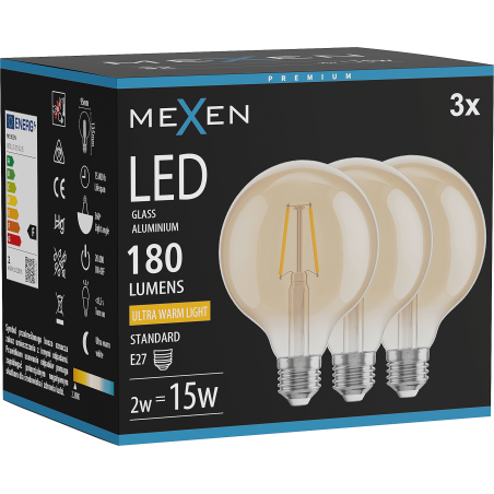 Mexen Vintis 3x żarówka filament LED E27, G95, 2W, Ciepła - 2200K, 180 lm, amber - L157-E27-0222-50x03