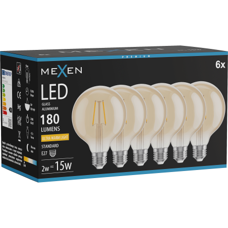 Mexen Vintis 6x żarówka filament LED E27, G95, 2W, Ciepła - 2200K, 180 lm, amber - L157-E27-0222-50x06