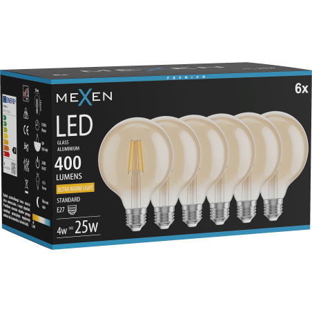 Mexen Vintis 6x żarówka filament LED E27, G95, 4W, Ciepła - 2200K, 400 lm, amber - L157-E27-0422-50x06