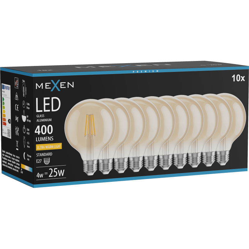 Mexen Vintis 10x żarówka filament LED E27, G95, 4W, Ciepła - 2200K, 400 lm, amber - L157-E27-0422-50x10