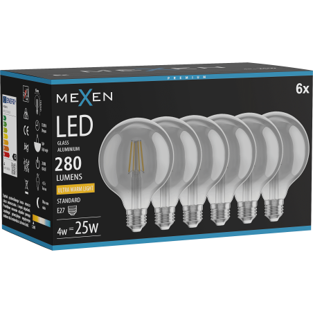 Mexen Vintis 6x żarówka filament LED E27, G95, 4W, Ciepła - 2200K, 280 lm, smoke - L157-E27-0422-70x06