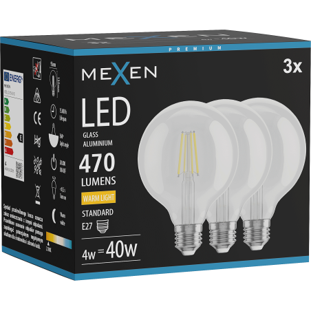 Mexen Vintis 3x żarówka filament LED E27, G95, 4W, Ciepła - 2700K, 470 lm, clear - L157-E27-0427-00x03