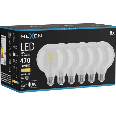 Mexen Vintis 6x żarówka filament LED E27, G95, 4W, Ciepła - 2700K, 470 lm, clear - L157-E27-0427-00x06