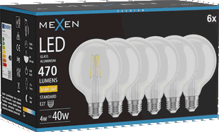 Mexen Vintis 6x żarówka filament LED E27, G95, 4W, Ciepła - 2700K, 470 lm, clear - L157-E27-0427-00x06