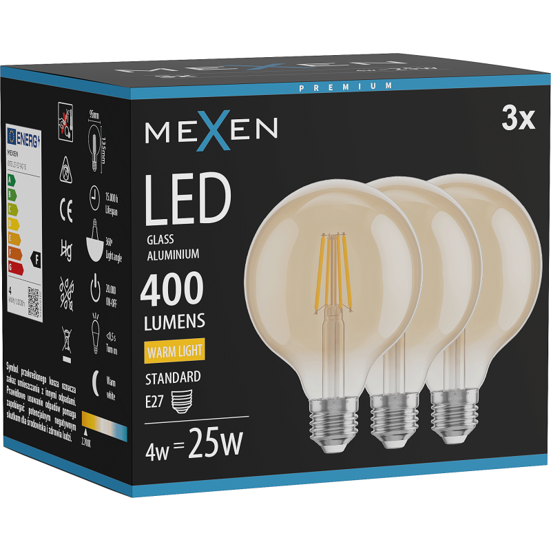Mexen Vintis 3x żarówka filament LED E27, G95, 4W, Ciepła - 2700K, 400 lm, amber - L157-E27-0427-50x03
