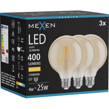 Mexen Vintis 3x żarówka filament LED E27, G95, 4W, Ciepła - 2700K, 400 lm, amber - L157-E27-0427-50x03
