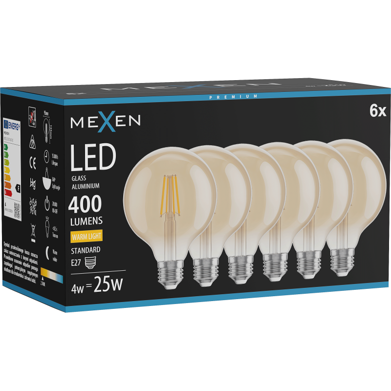 Mexen Vintis 6x żarówka filament LED E27, G95, 4W, Ciepła - 2700K, 400 lm, amber - L157-E27-0427-50x06