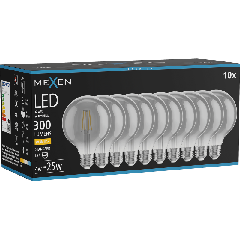 Mexen Vintis 10x żarówka filament LED E27, G95, 4W, Ciepła - 2700K, 300 lm, smoke - L157-E27-0427-70x10