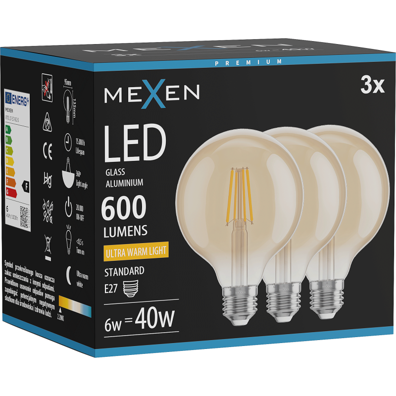 Mexen Vintis 3x żarówka filament LED E27, G95, 6W, Ciepła - 2200K, 600 lm, amber - L157-E27-0622-50x03