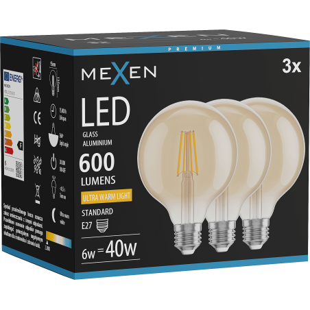 Mexen Vintis 3x żarówka filament LED E27, G95, 6W, Ciepła - 2200K, 600 lm, amber - L157-E27-0622-50x03