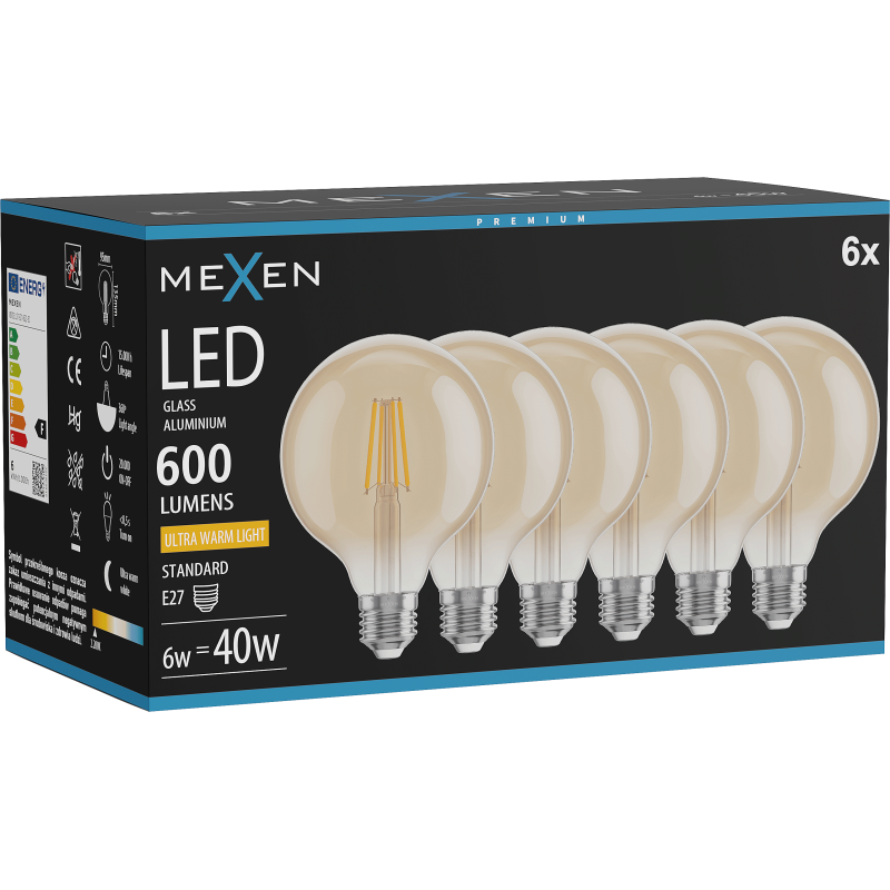 Mexen Vintis 6x żarówka filament LED E27, G95, 6W, Ciepła - 2200K, 600 lm, amber - L157-E27-0622-50x06