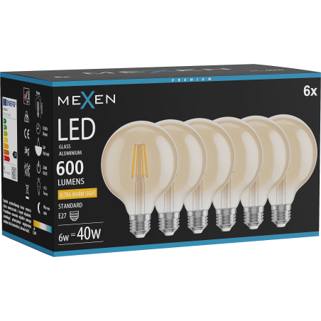Mexen Vintis 6x żarówka filament LED E27, G95, 6W, Ciepła - 2200K, 600 lm, amber - L157-E27-0622-50x06