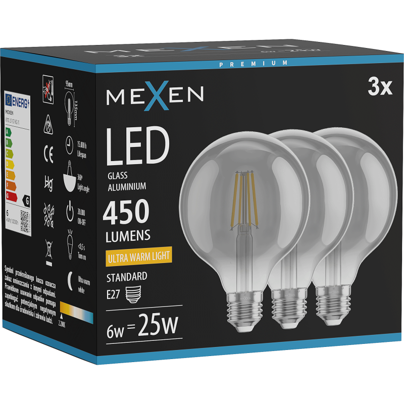 Mexen Vintis 3x żarówka filament LED E27, G95, 6W, Ciepła - 2200K, 450 lm, smoke - L157-E27-0622-70x03