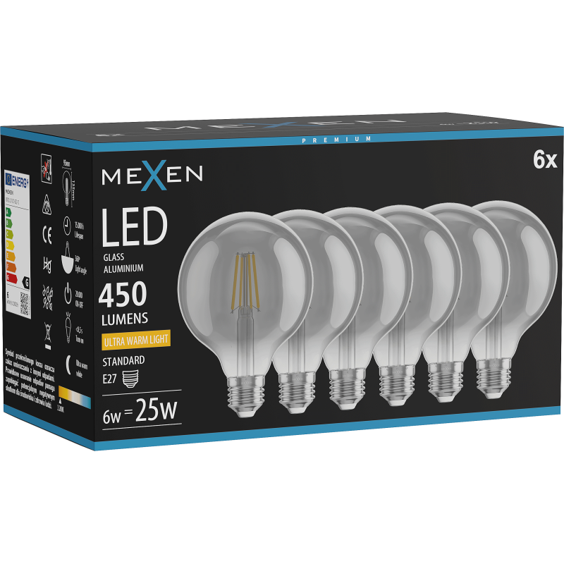 Mexen Vintis 6x żarówka filament LED E27, G95, 6W, Ciepła - 2200K, 450 lm, smoke - L157-E27-0622-70x06