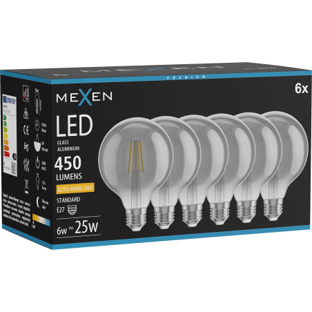 Mexen Vintis 6x żarówka filament LED E27, G95, 6W, Ciepła - 2200K, 450 lm, smoke - L157-E27-0622-70x06