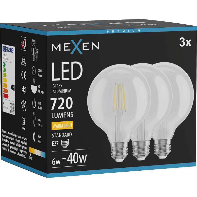 Mexen Vintis 3x żarówka filament LED E27, G95, 6W, Ciepła - 2700K, 720 lm, clear - L157-E27-0627-00x03