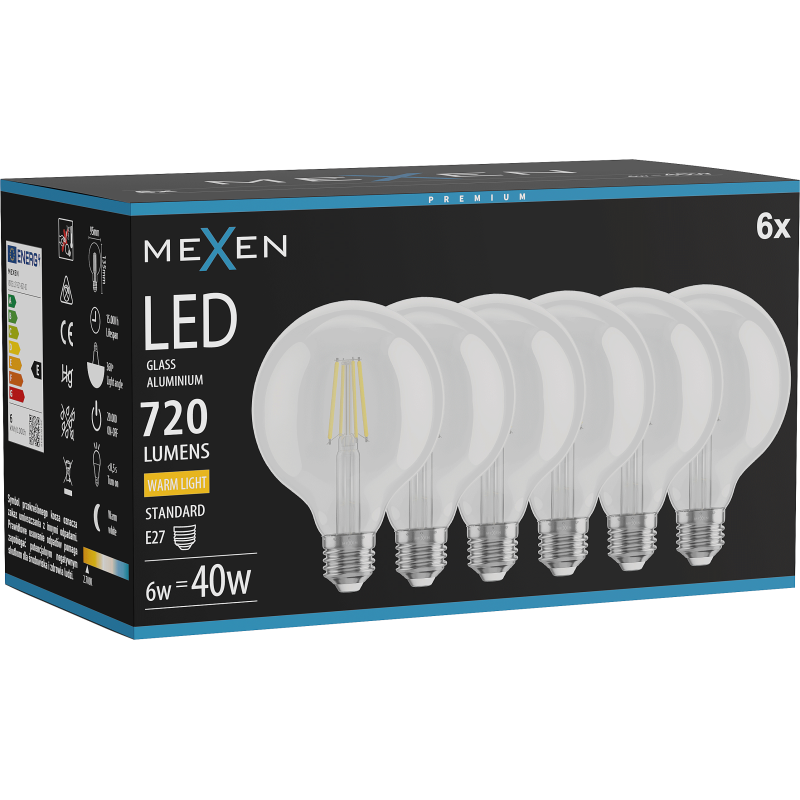 Mexen Vintis 6x żarówka filament LED E27, G95, 6W, Ciepła - 2700K, 720 lm, clear - L157-E27-0627-00x06